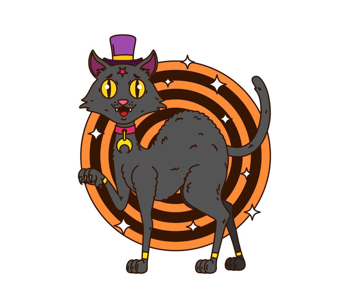 Groovy cartoon Halloween black cat in witch hat vector