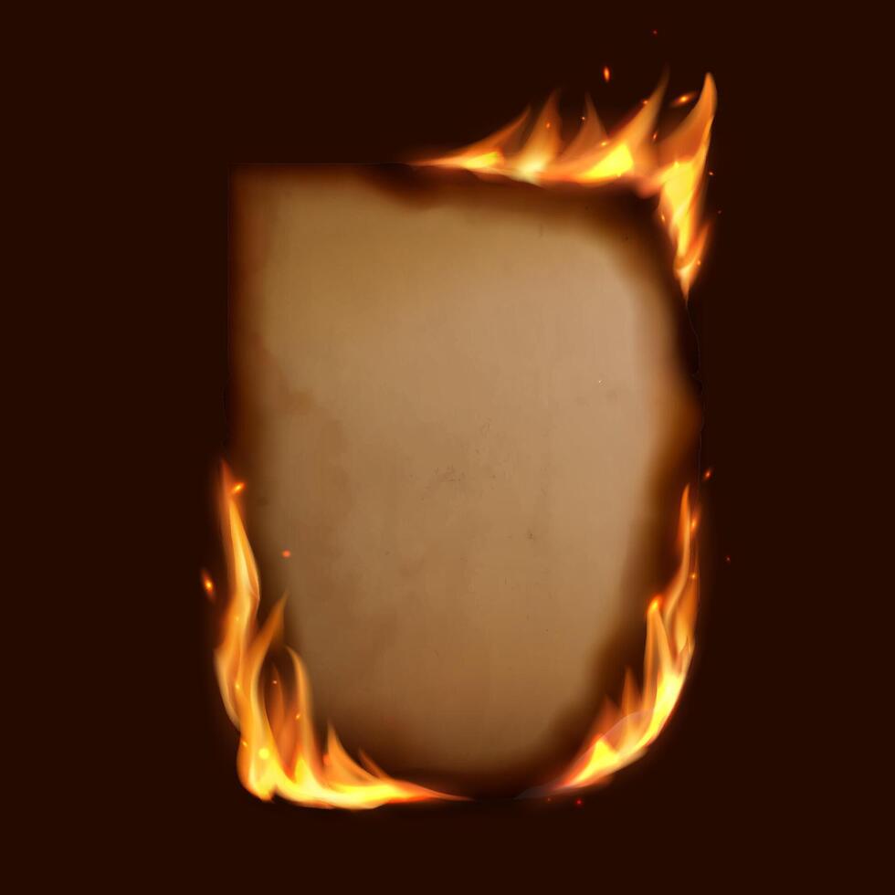 Old paper sheet with realistic burning fire flames vector