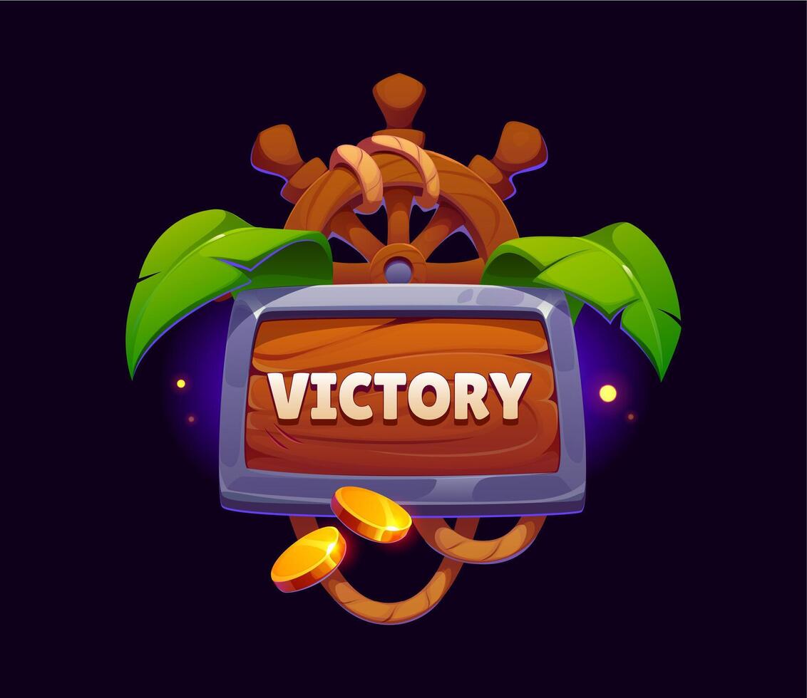 Pirate game victory award icon asset, wooden sign vector