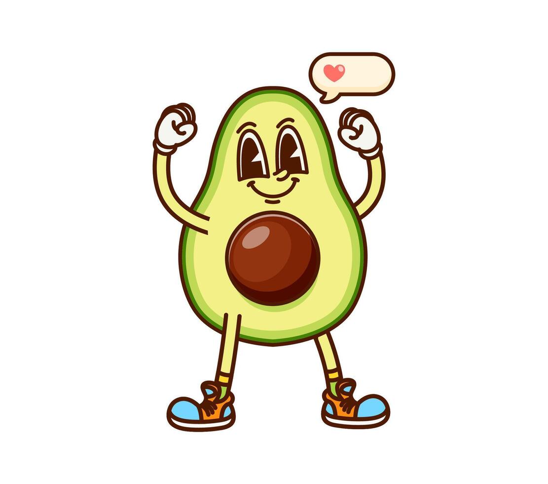 Strong avocado fruit half groovy happy character vector