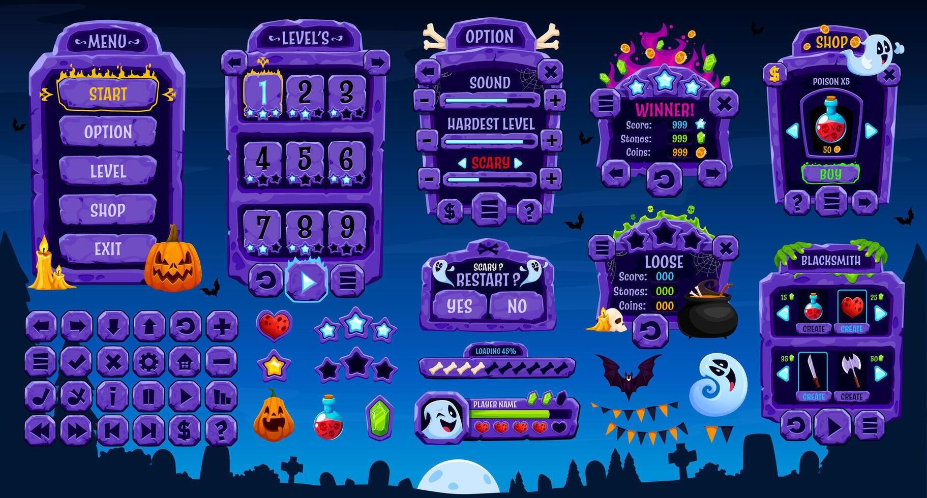 Halloween game interface design elements vector