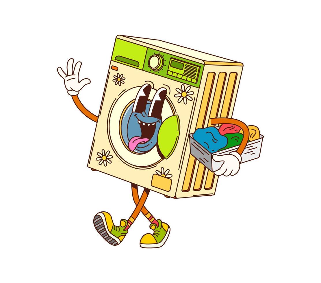 Cartoon groovy washing machine cheerful character vector
