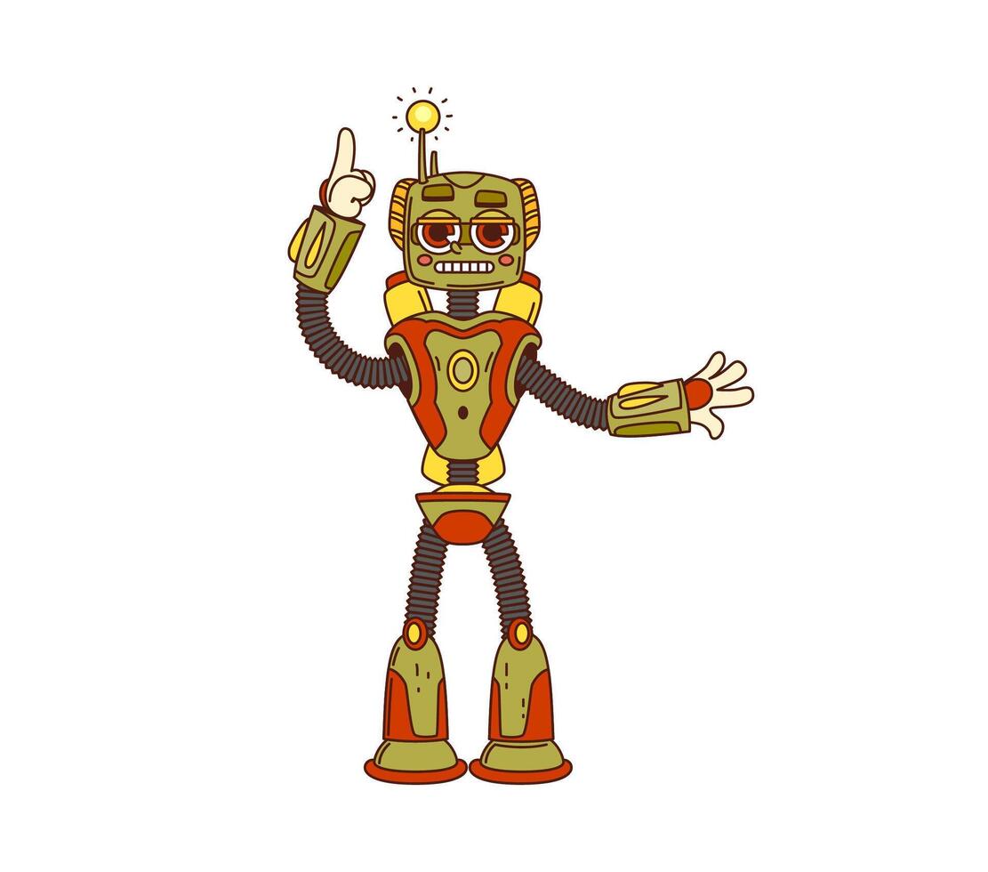 Cartoon groovy robot character with red glow eyes vector