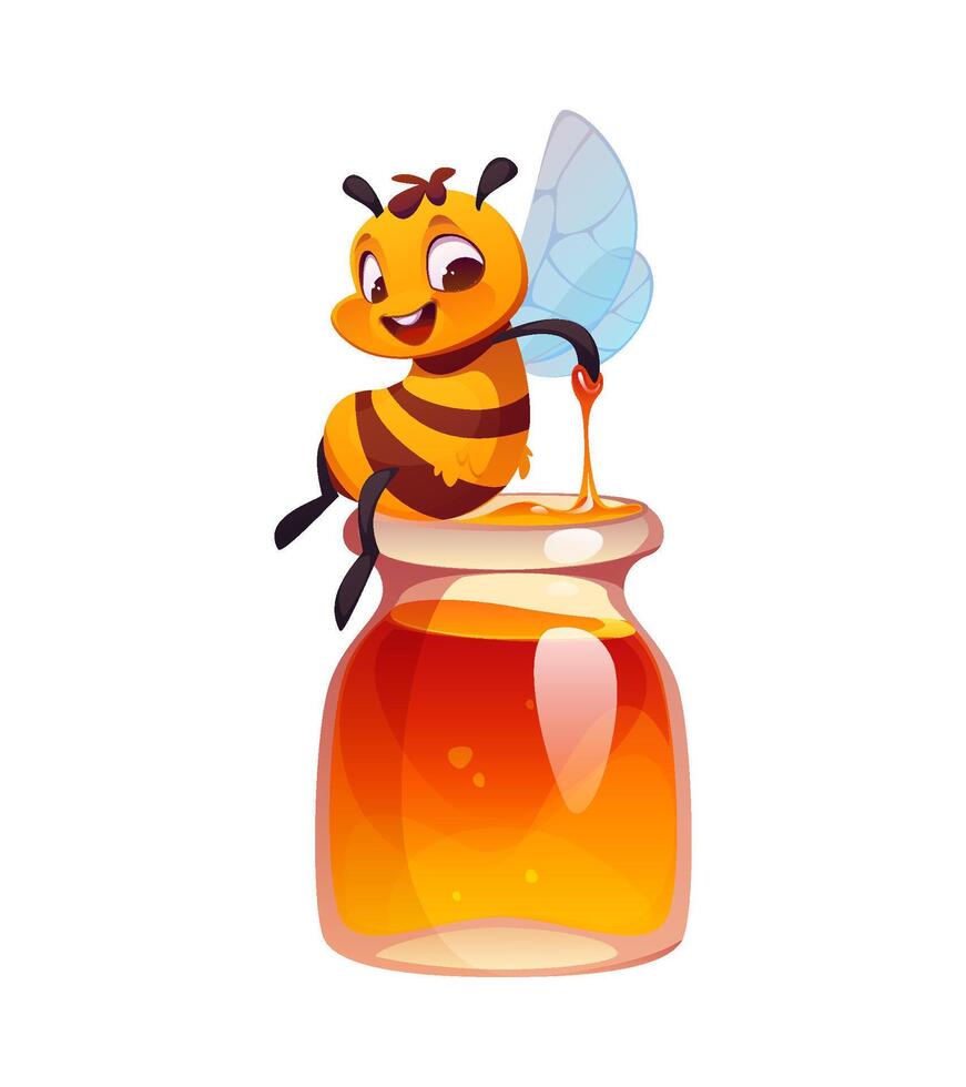 Cartoon honey bee character sitting on glass jar vector