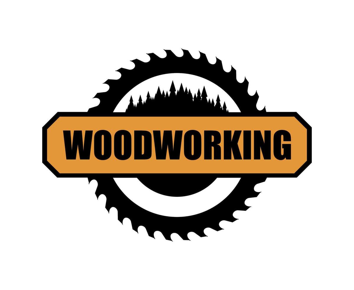 Woodwork carpentry icon, saw blade, forest trees vector