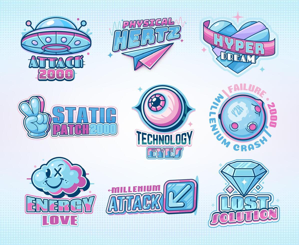 Y2k icons, retro planet globe, heart, UFO stickers vector