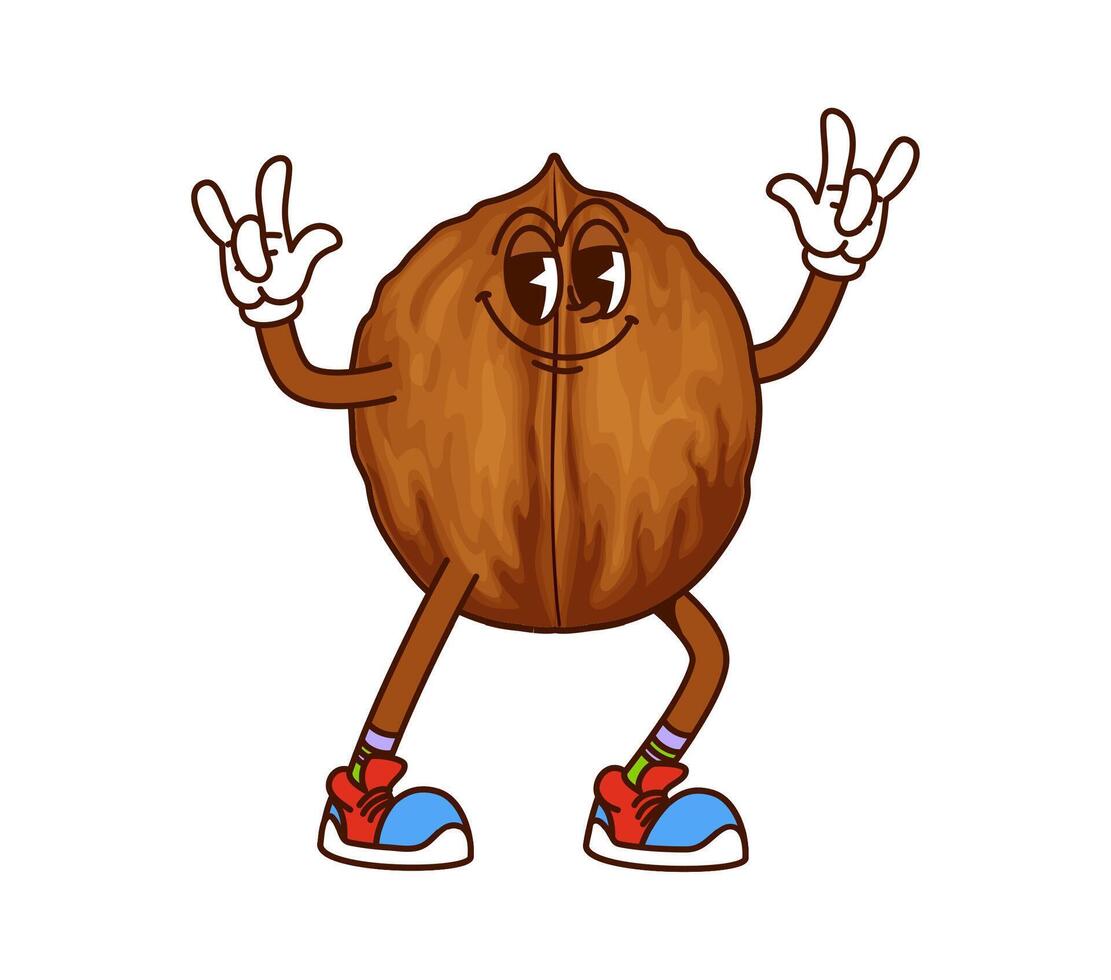 Cartoon groovy walnut nut and seed character vector