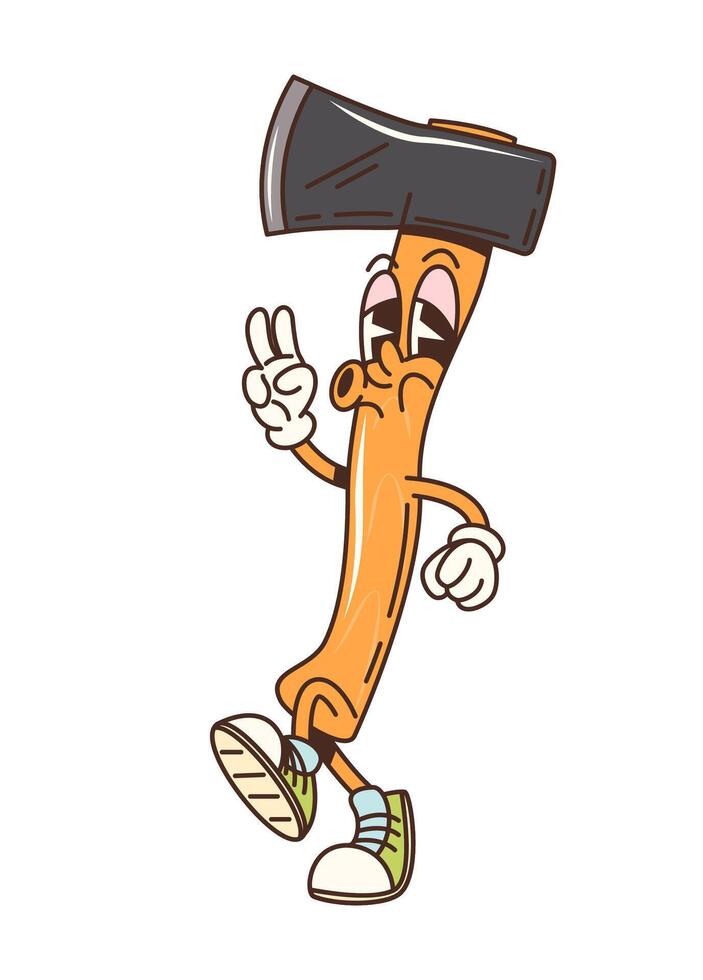 Cartoon groovy travel, woodworking ax character vector