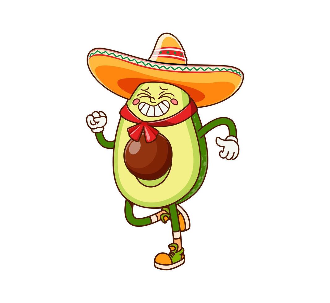 Cartoon groovy avocado character in sombrero hat vector