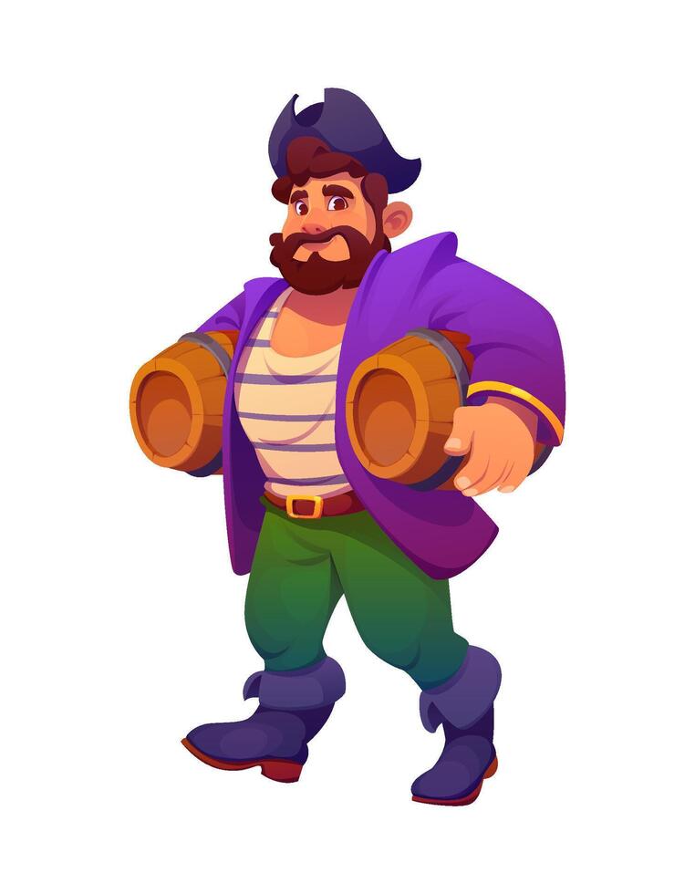 Cartoon pirate character with rum barrels vector
