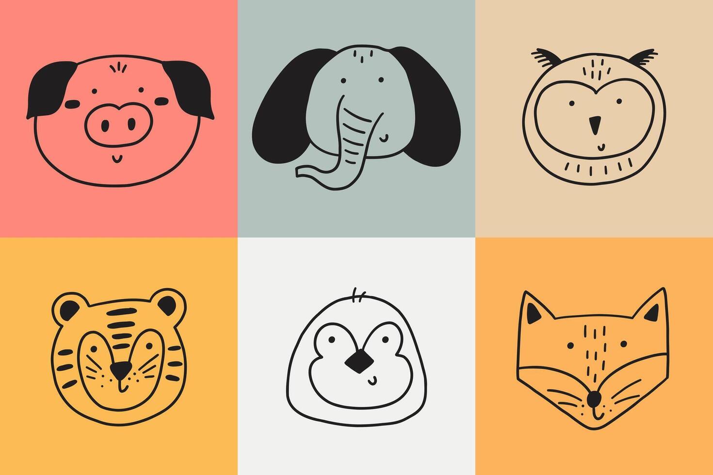 Cute doodle face baby animal square scandinavian print vector