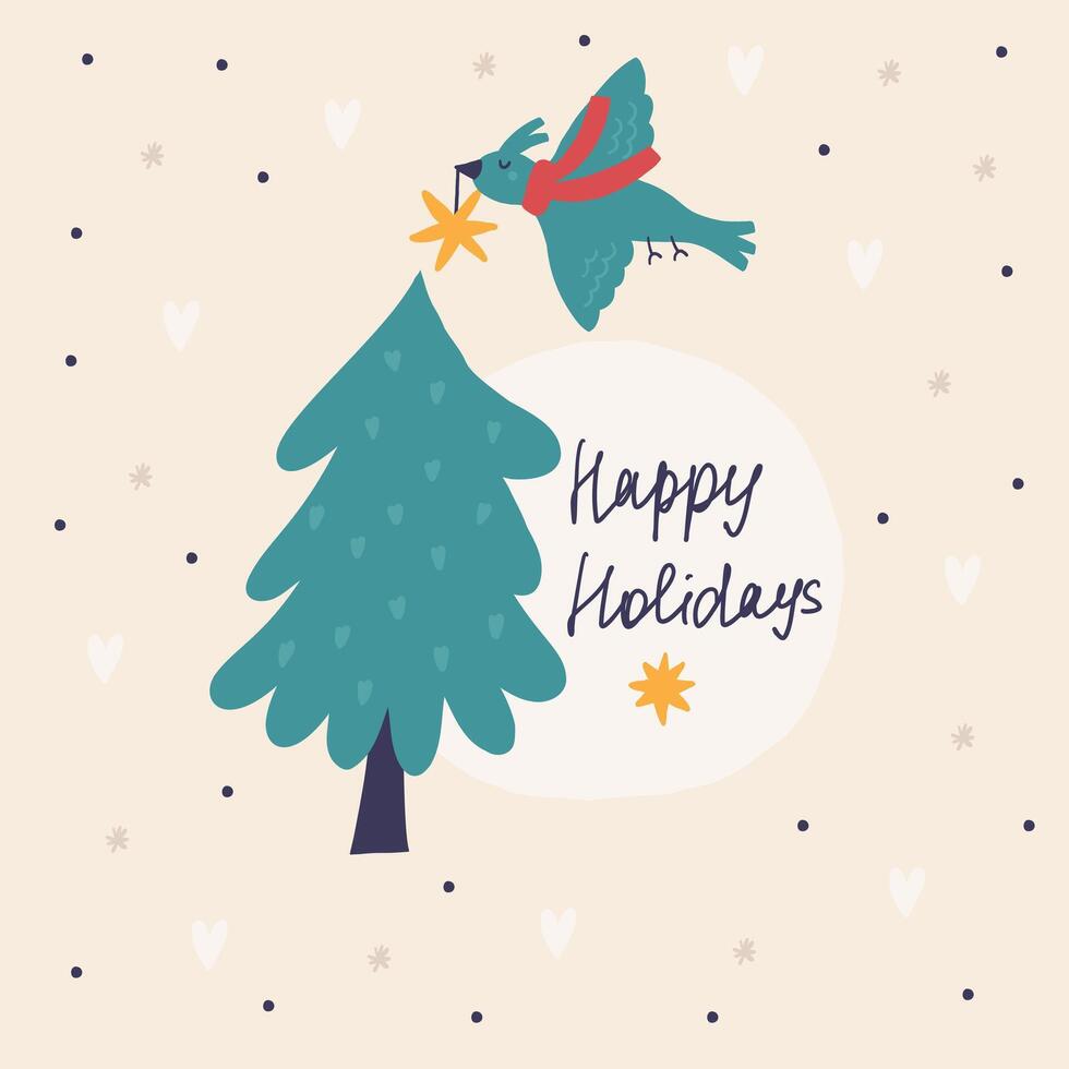 Christmas greeting square card bird with toy star for tree vector