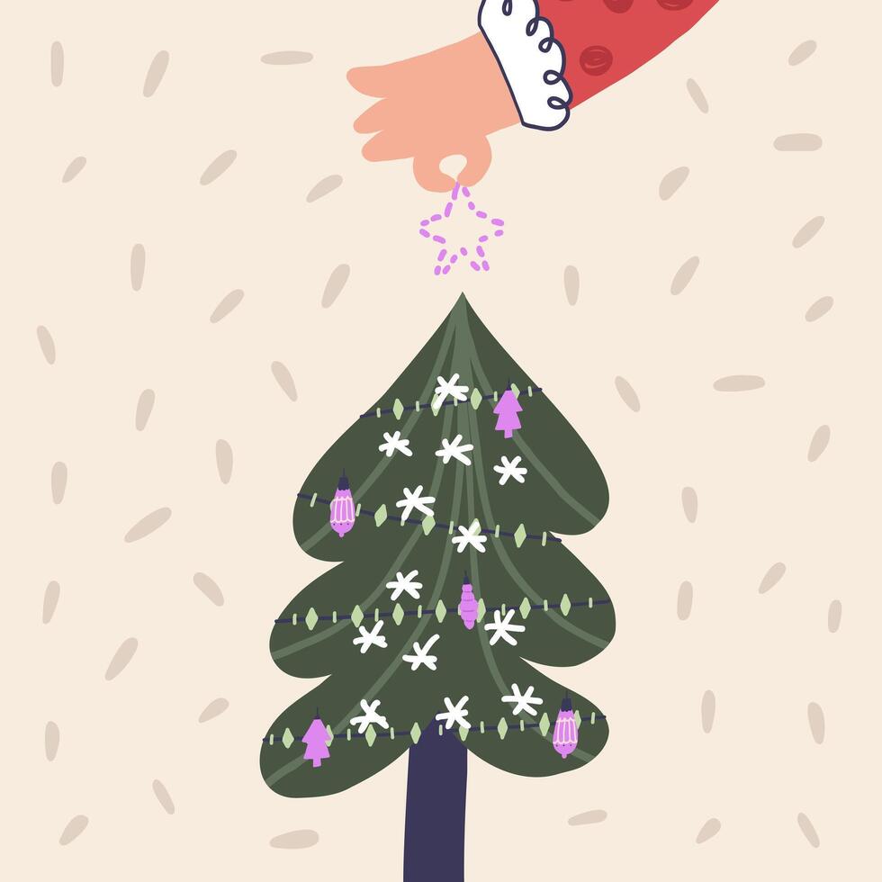Christmas greeting square card hand with toy star decorating tree vector