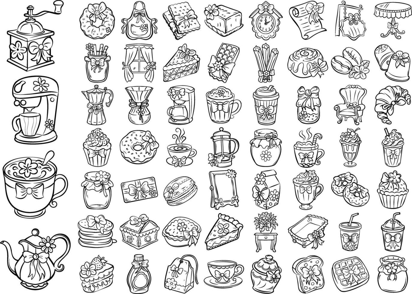 Hand drawn coffee, pastries, desserts, and cafe elements for bakery and coffee shop design vector