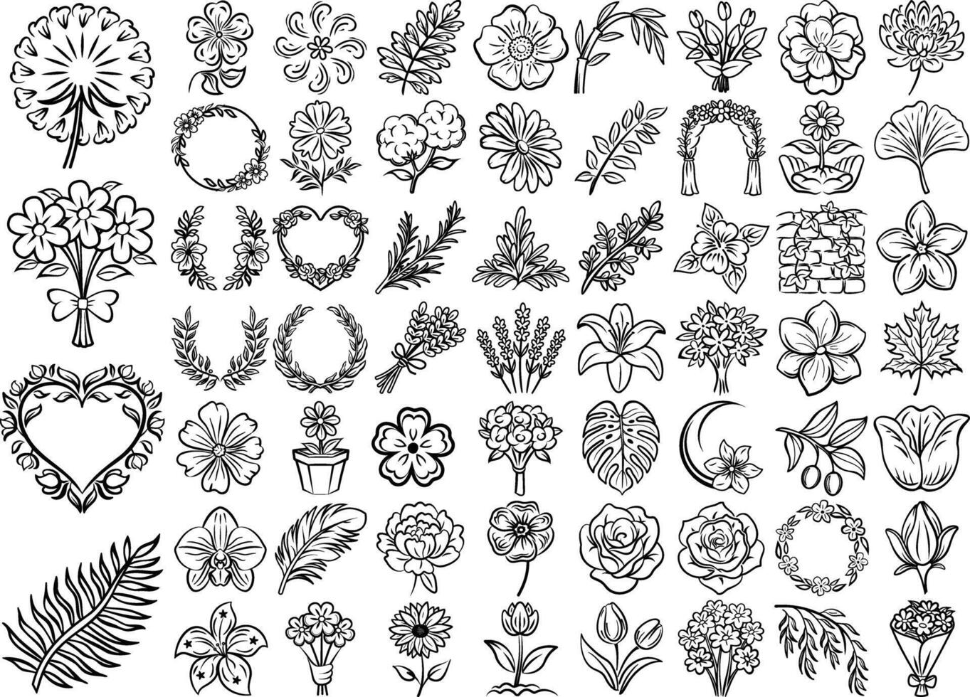 Hand drawn floral illustrations, leaves, bouquets, and wreaths for decoration and design vector