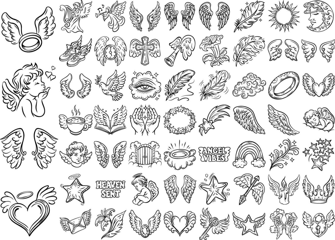 Hand drawn angel wings, feathers, halos, and heavenly elements for spiritual and decorative design vector