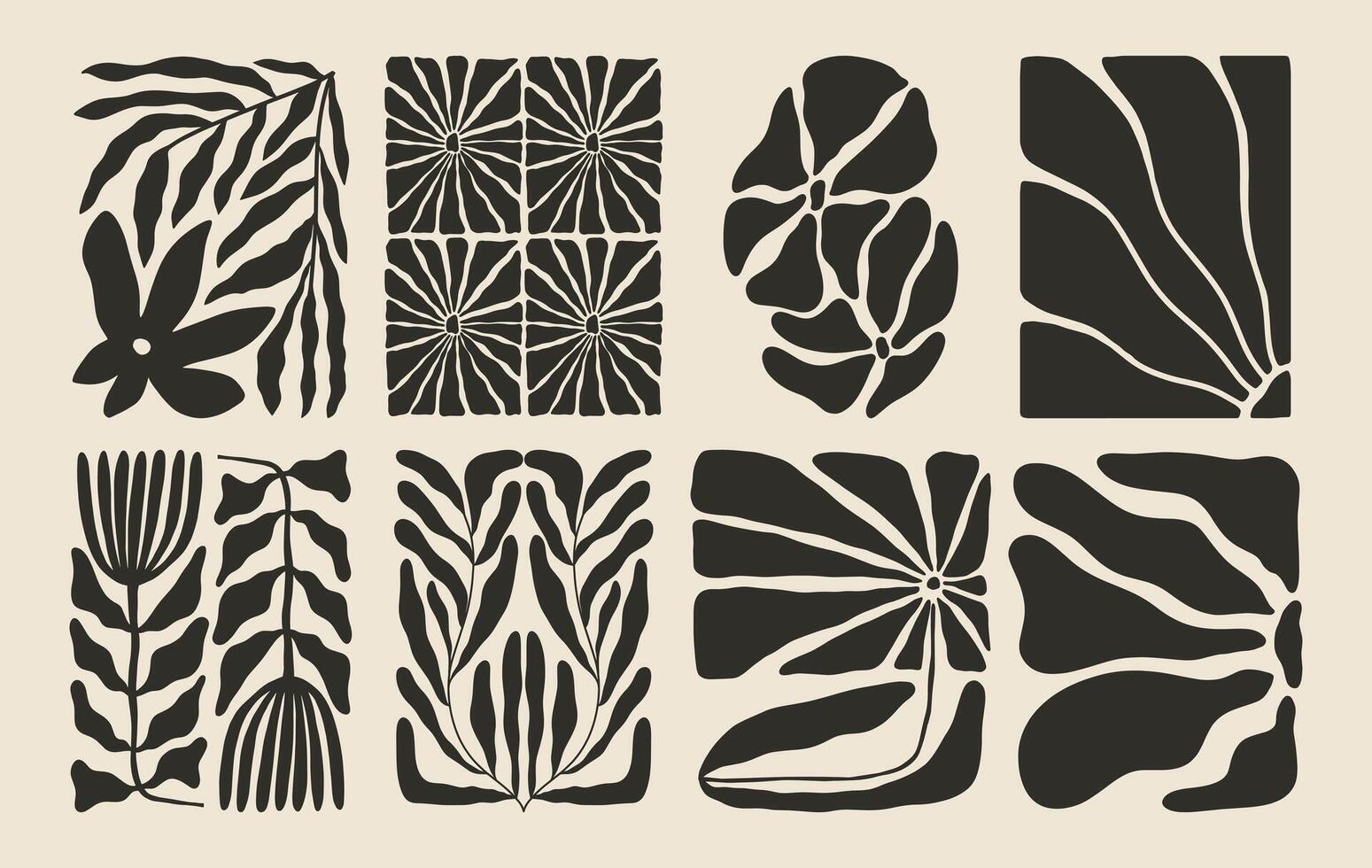 posters with abstract groovy floral shape with flowers and leaves. Simple irregular wild plants. Black and White Naive funky prints for wall art. Boho summer illustrations vector