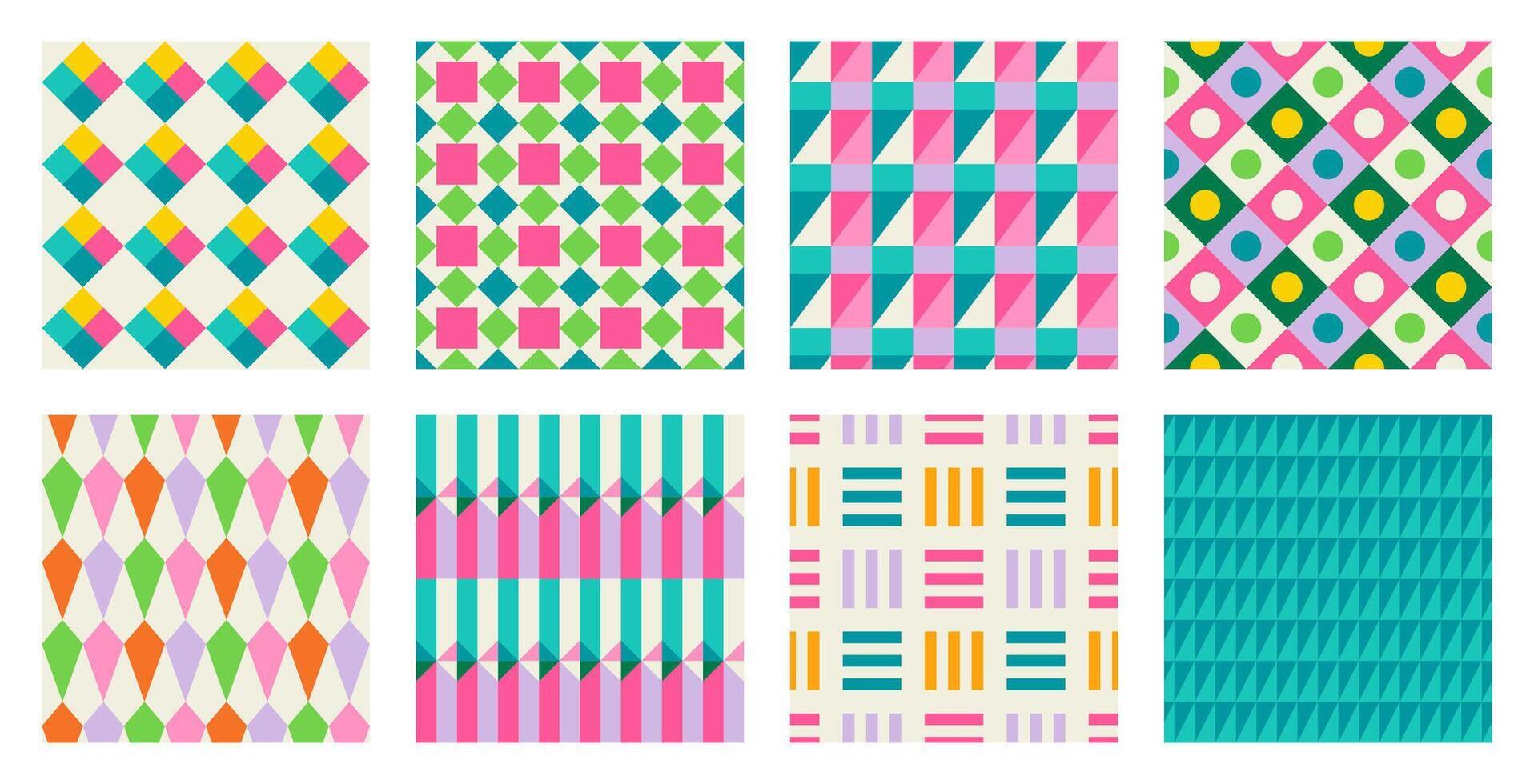 Set of geometric printable seamless pattern with abstract Minimal elegant line form stroke shapes in vibrant colors. Modern simple background in minimalist mid century style wall art vector