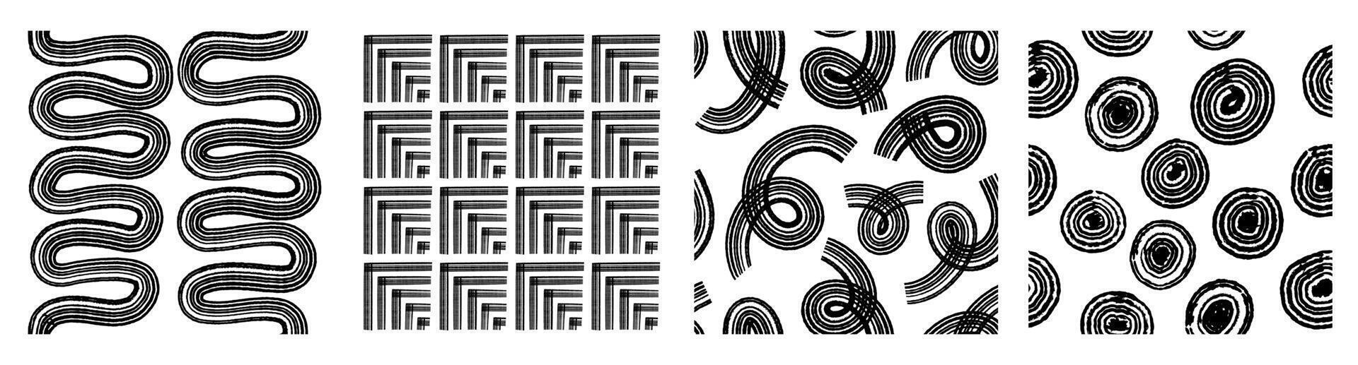 Sets Aesthetic Contemporary printable seamless pattern with abstract line, dot, shape brush stroke in black and white colors. Boho background in minimalist style Illustration for wallpaper fabric vector
