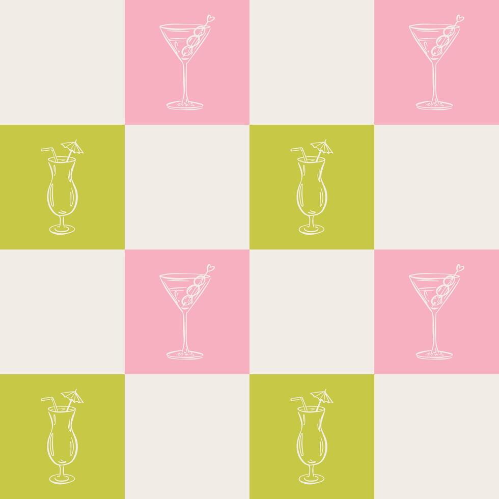 Whimy hand drawn drinks, cocktails seamless pattern in trendy whimsical style. Perfect background for quirky italian wedding holiday, poster cards, dinner and bar menu, fabric, wrapping paper. vector