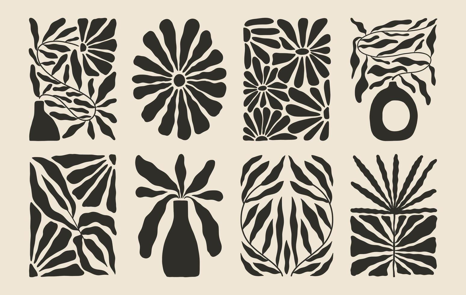 Trendy aesthetic posters abstract groovy floral shape with flowers and leaves. Simple irregular wild plants. Black and White Naive funky prints for wall art. Boho summer illustrations vector