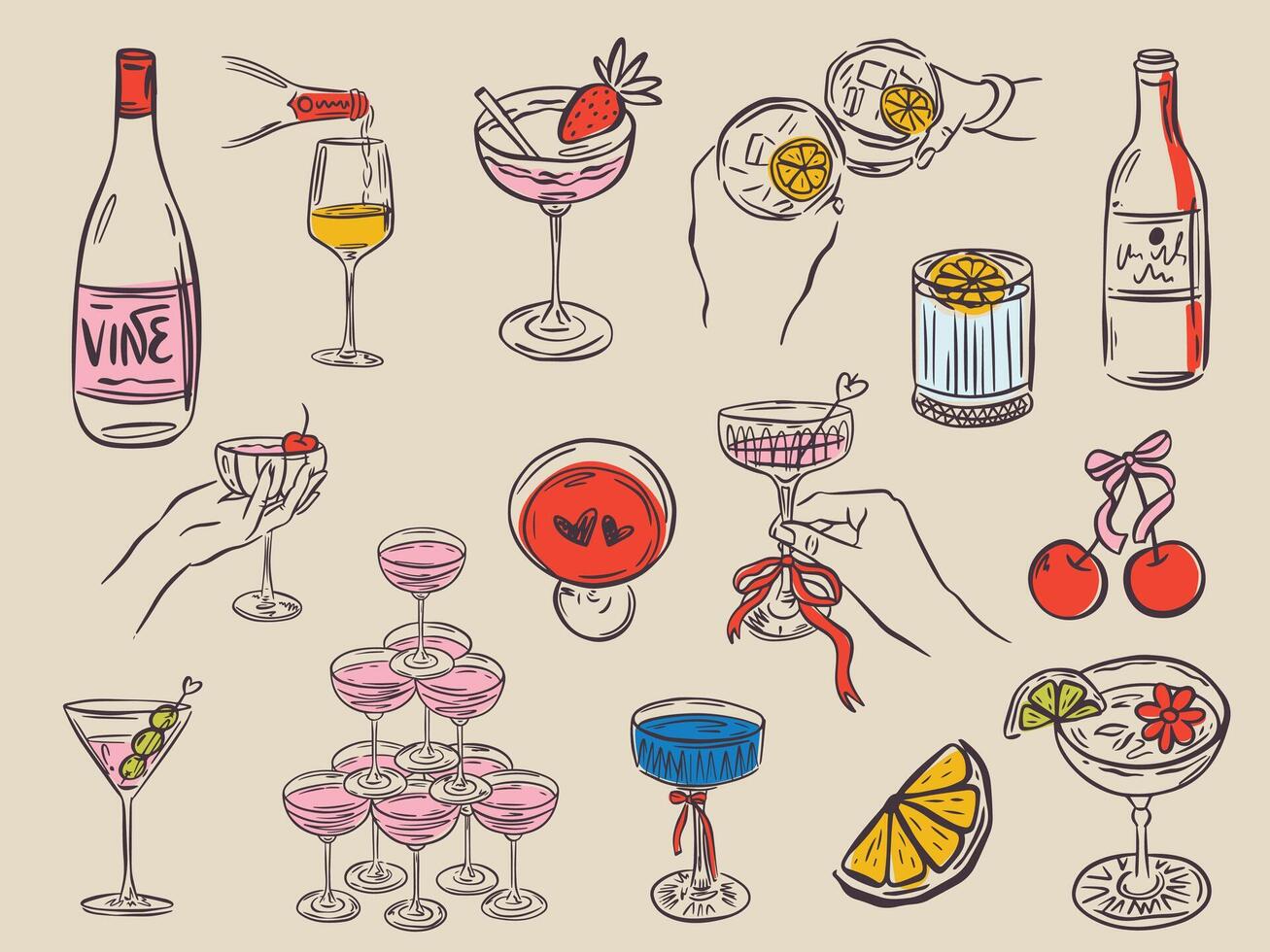 Whimsical hand drawn menu illustrations in trendy whimsical style. Perfect doodle for quirky italian wedding holiday, poster, dinner and bar menu, bachelorette party, birthday invitation, sign. vector
