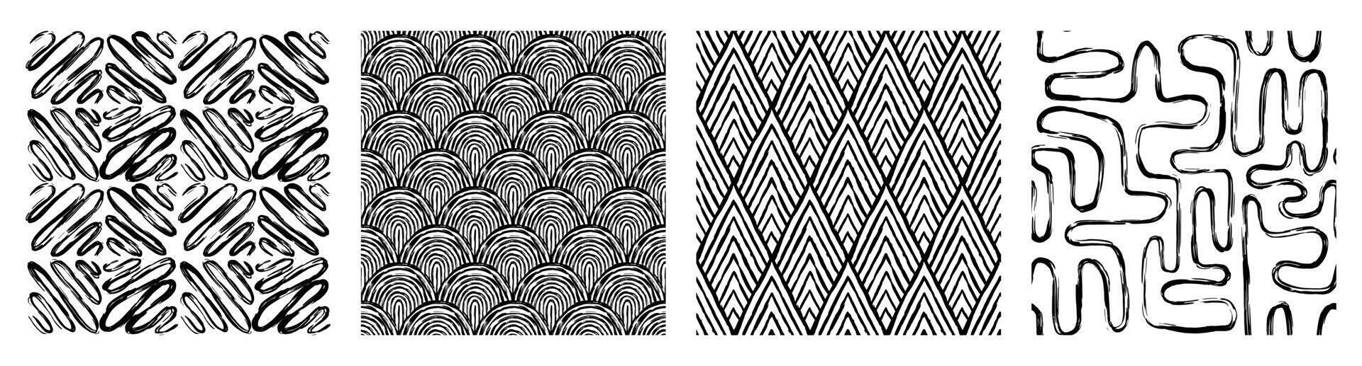 Contemporary printable seamless pattern with abstract line, dot, shape brush stroke in black and white colors. Boho background in minimalist style Illustration for wallpaper vector