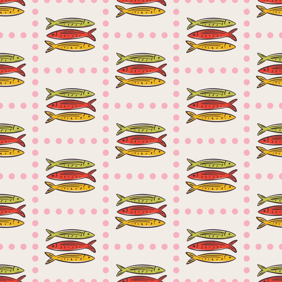 Whimsical hand drawn sea foods seamless pattern in trendy whimsical style. Perfect background for quirky italian wedding holiday, poster cards, dinner and bar menu, fabric, wrapping paper vector