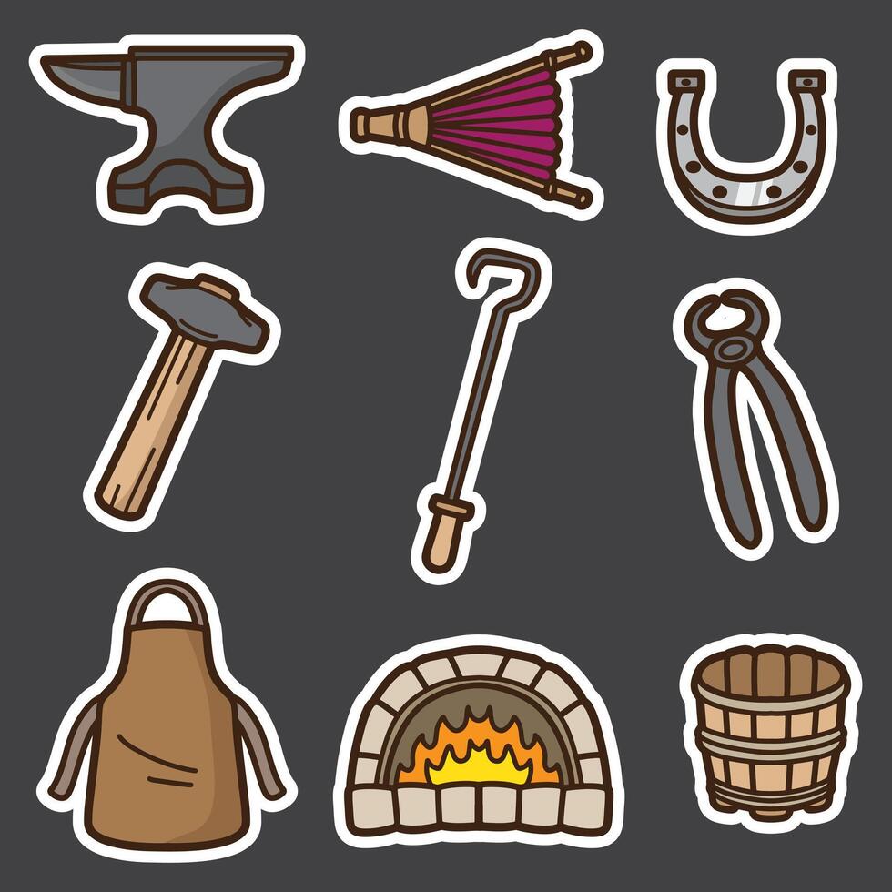 set of blacksmith equipment good for sticker, element design, icon, print design, etc vector