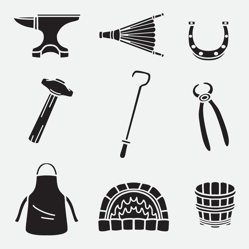 set of blacksmith equipment good for icon, symbol, logo, element design, silhouette design, etc vector