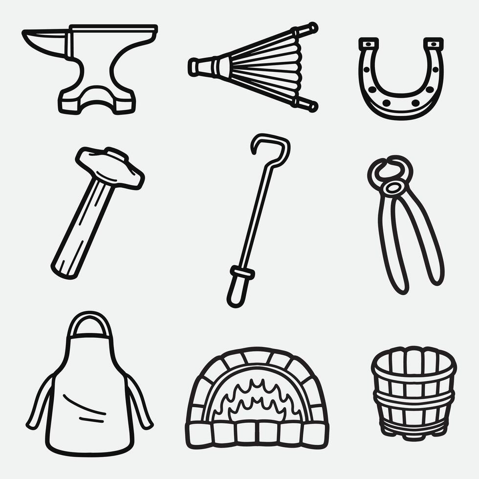 set of blacksmith equipment with outline style good for icon, symbol, element design, coloring book, coloring page, etc vector