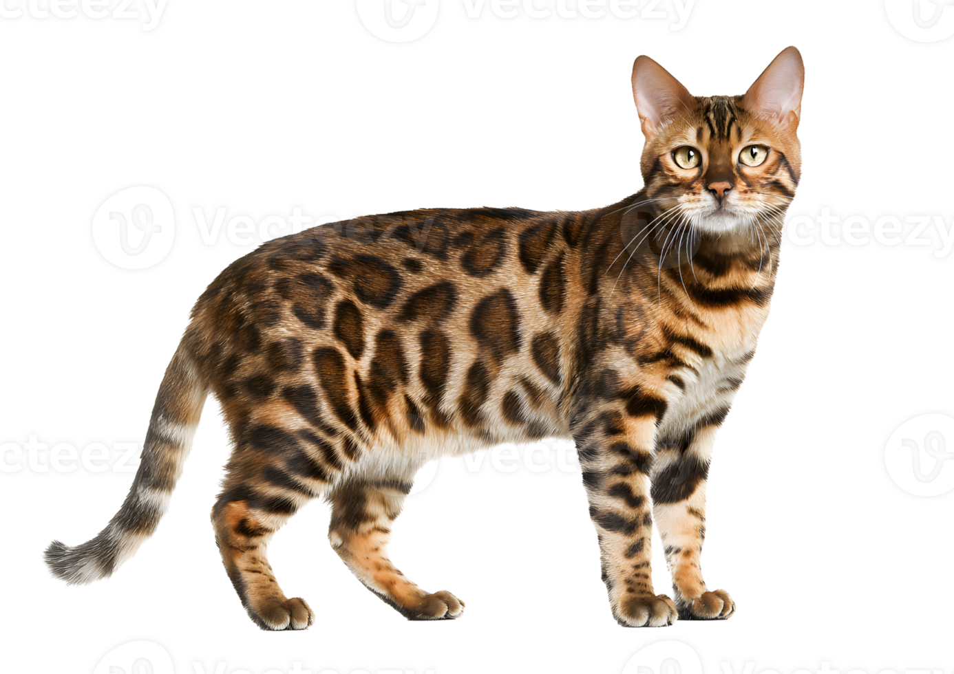 Elegant Bengal cat on a transparent background emphasizing its luxurious coat and playful nature. png