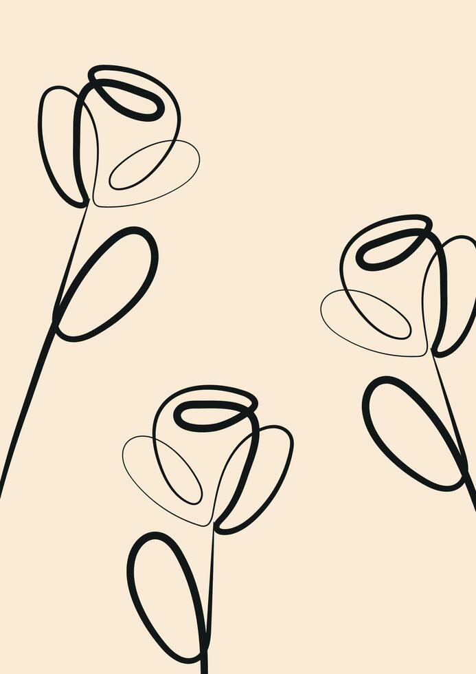 minimalist gift card template with roses drawn in line art style drawn with a black outline vector