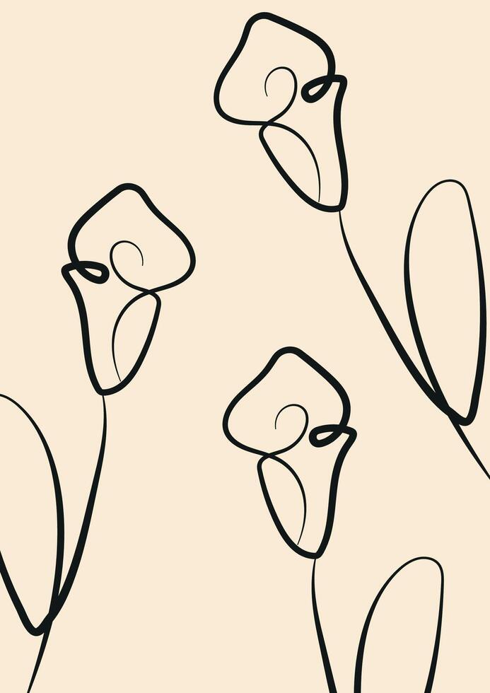 minimalist gift card template with flowers drawn in line art style drawn with contour vector