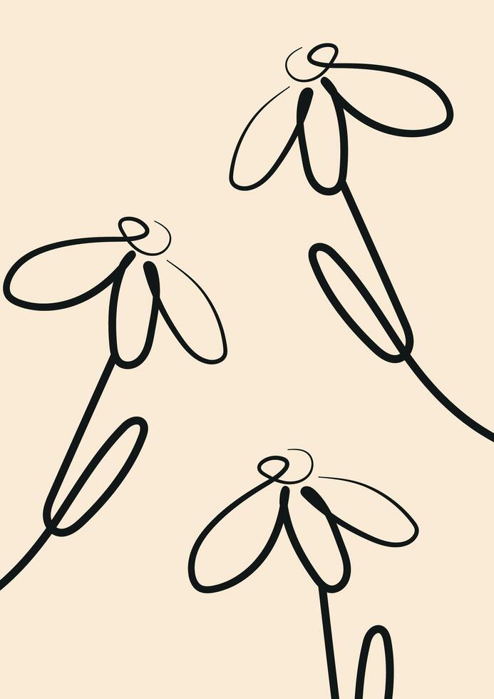 minimalist gift card template with daisies drawn in line art style drawn with a black outline vector