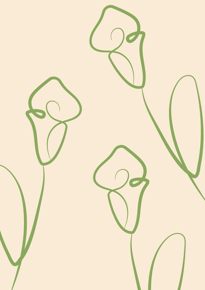 minimalist gift card template with flowers drawn in line art style drawn with colored outline vector