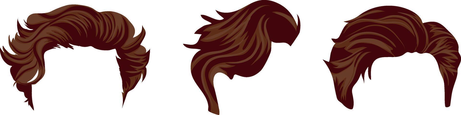 set of hairstyles for men's smooth brown hair of medium length in different looks for male characters vector