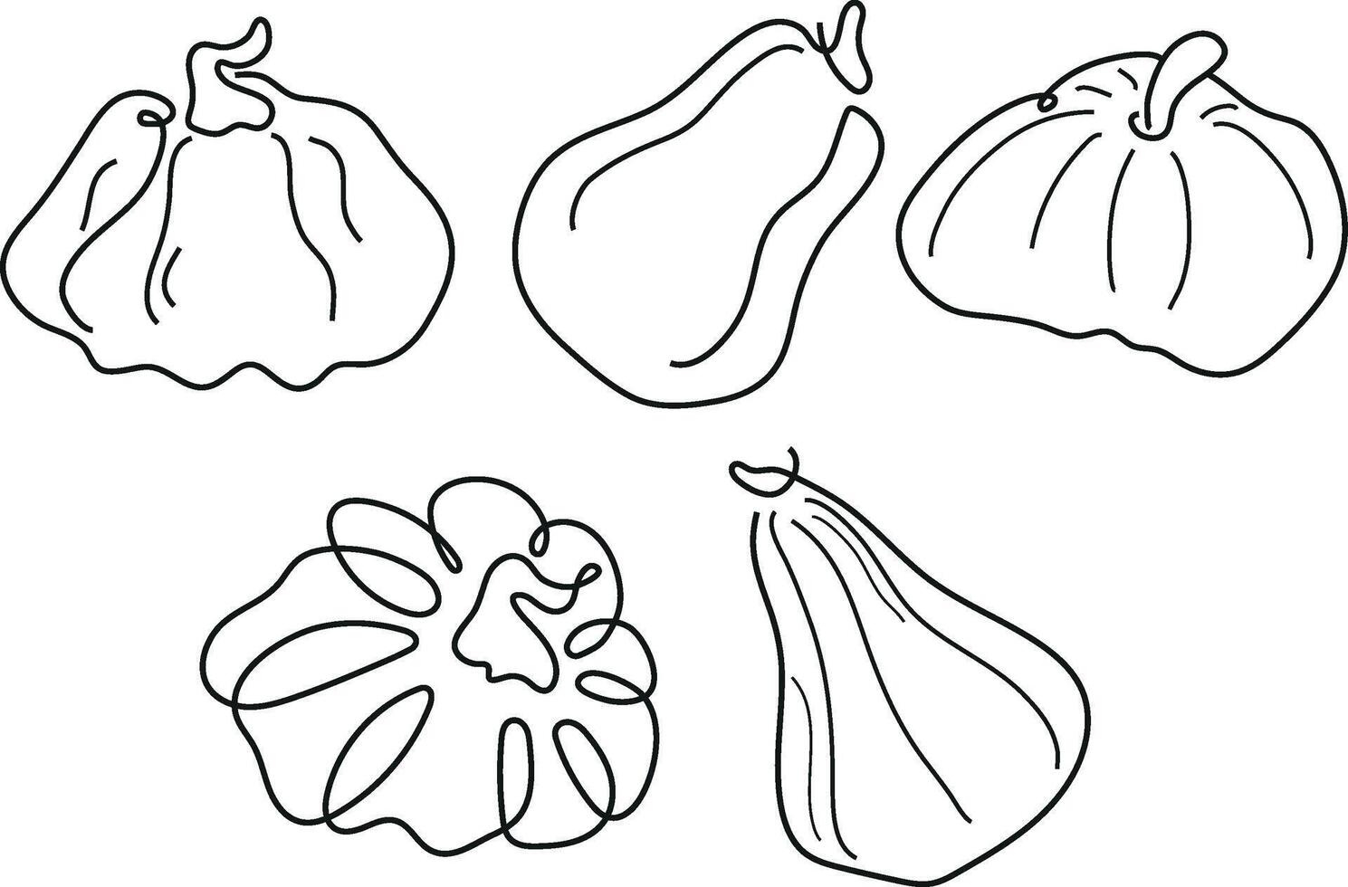 set of pumpkins of various shapes in line art style drawn with several lines, for logos or patterns vector