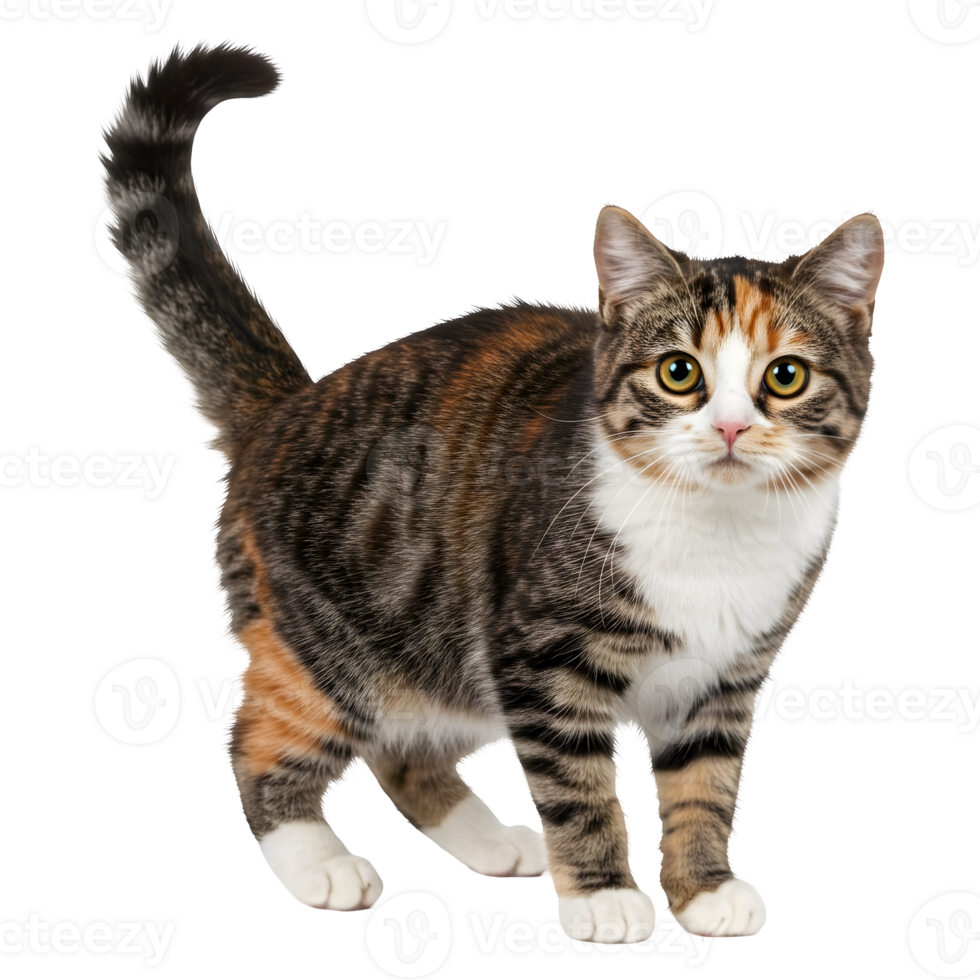 A Striking Calico Cat with a Curled Tail, Poised and Alert png
