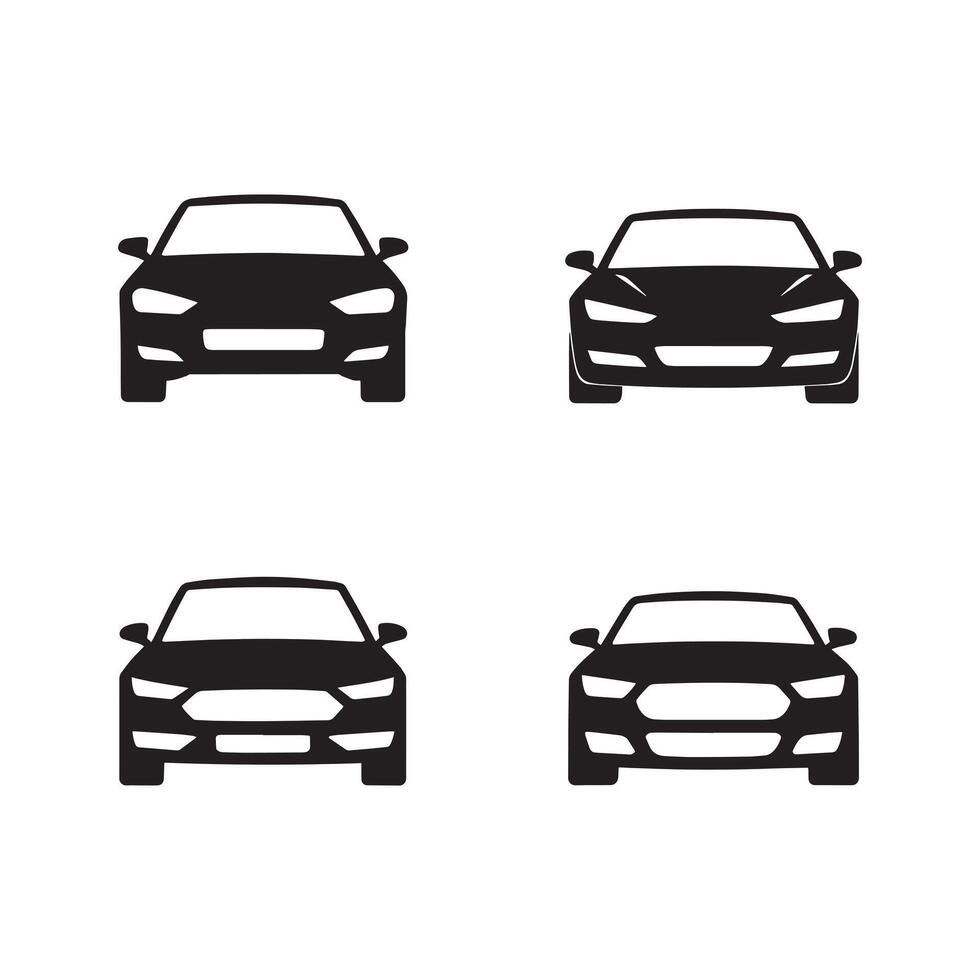 Black cars silhouette collection. Auto hatchbacks front view vehicle transport for web, apps, graphics, icons, and econ design projects. compact futuristic electric flat city car set vector