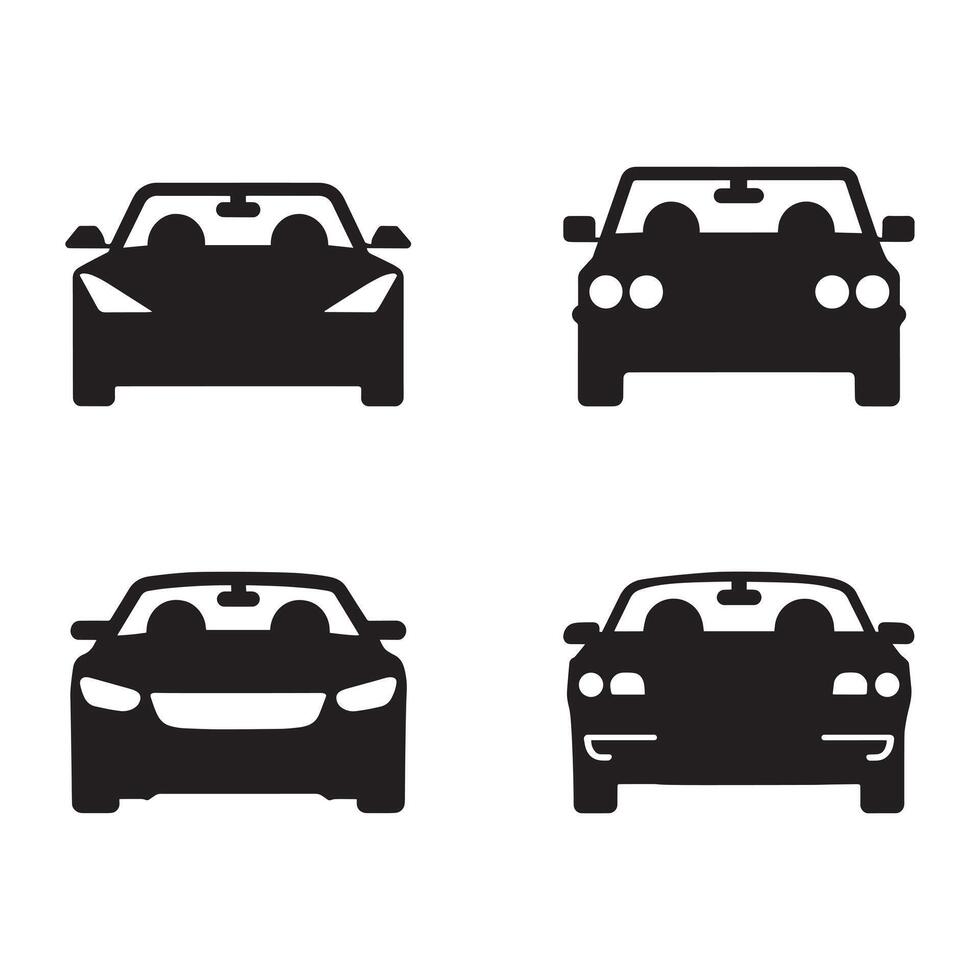 Black cars icon collection. Car front view four dirfferent vehicle transport for web, apps, graphics, icons, and econ design projects. compact futuristic electric flat city car set vector
