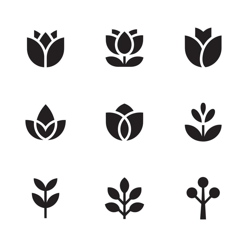 Flower icons. Flower silhouettes. Symbol of floral design. Pattern of daisy, rose and chamomile. Set of cartoon simple graphic shape isolated on white background vector