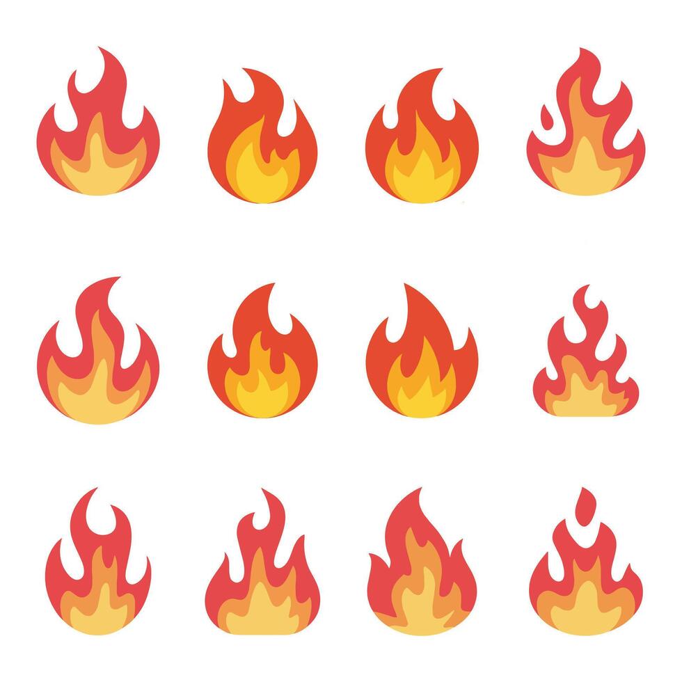 Mega Fire flames, set icons Fire and flames outline icon set. Contour bonfire, linear flaming elements vector
