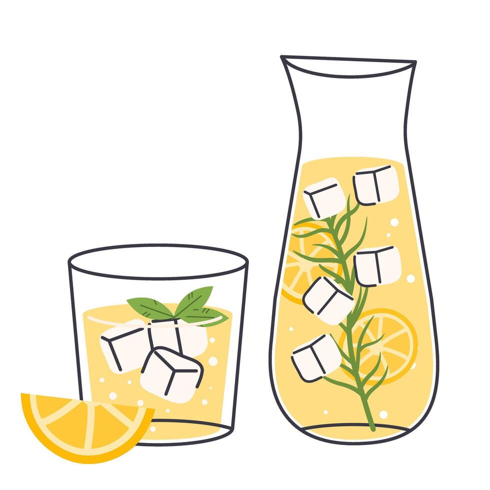 Refreshment lemonade in glass and carafe, soda cold drinks with ice, lemon, hand drawn icon vector