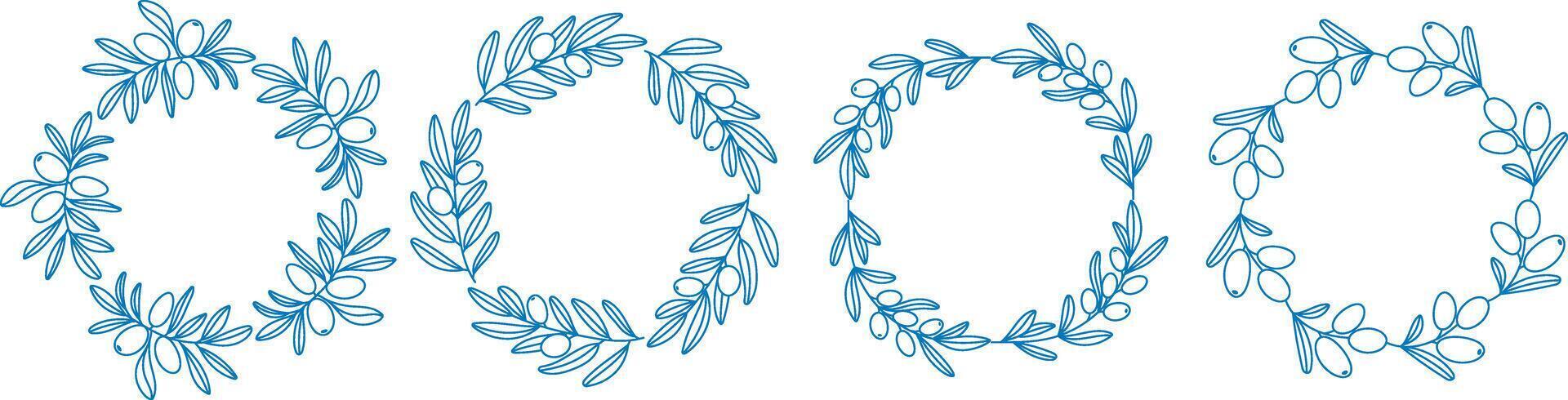 Mediterranean blue olive branch circle frame set in line art style vector