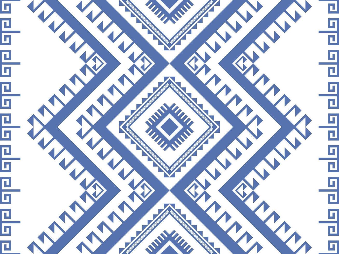 Geometric Blue and White Ethnic Fabric Pattern. vector