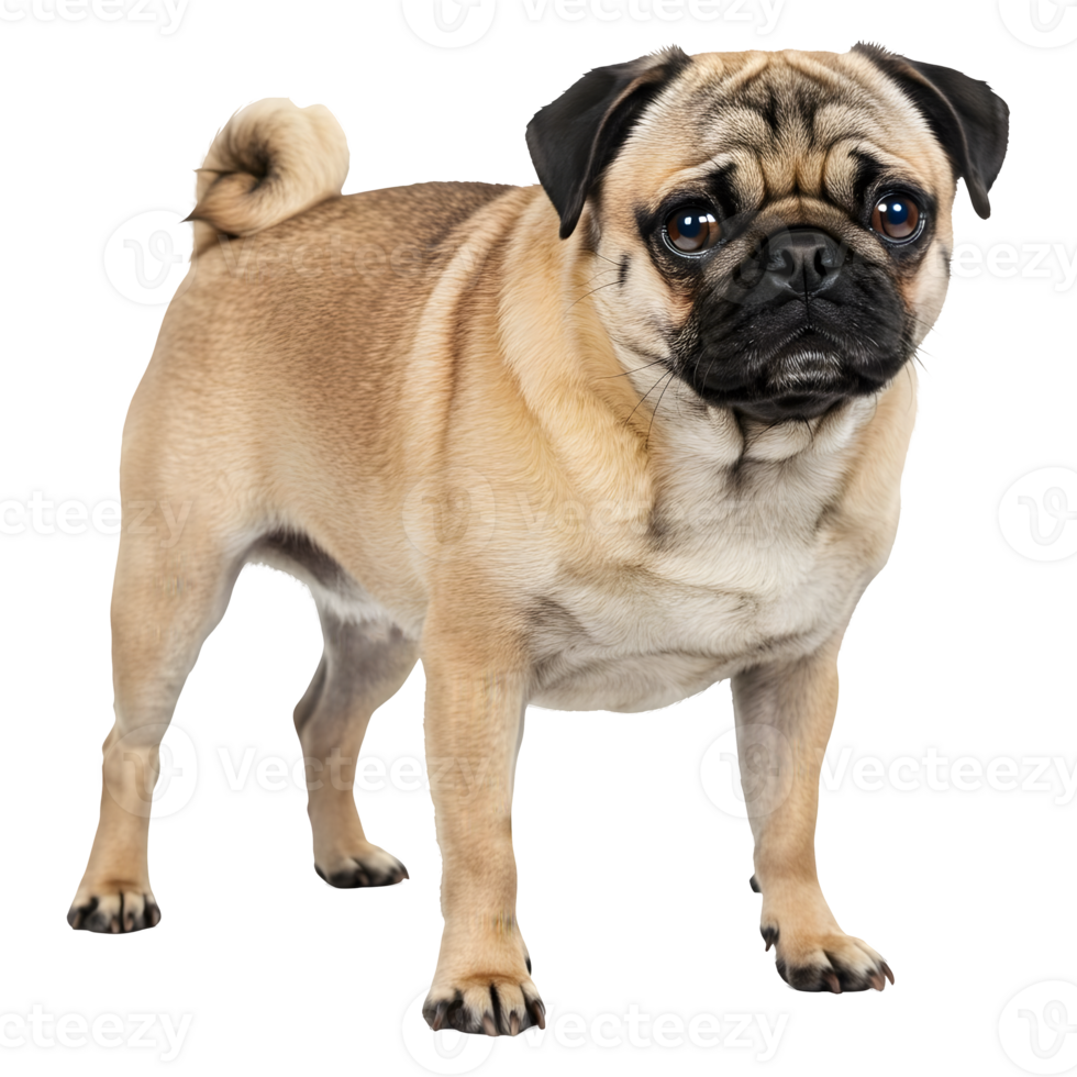 Adorable fawn pug dog standing, showcasing its charming features png