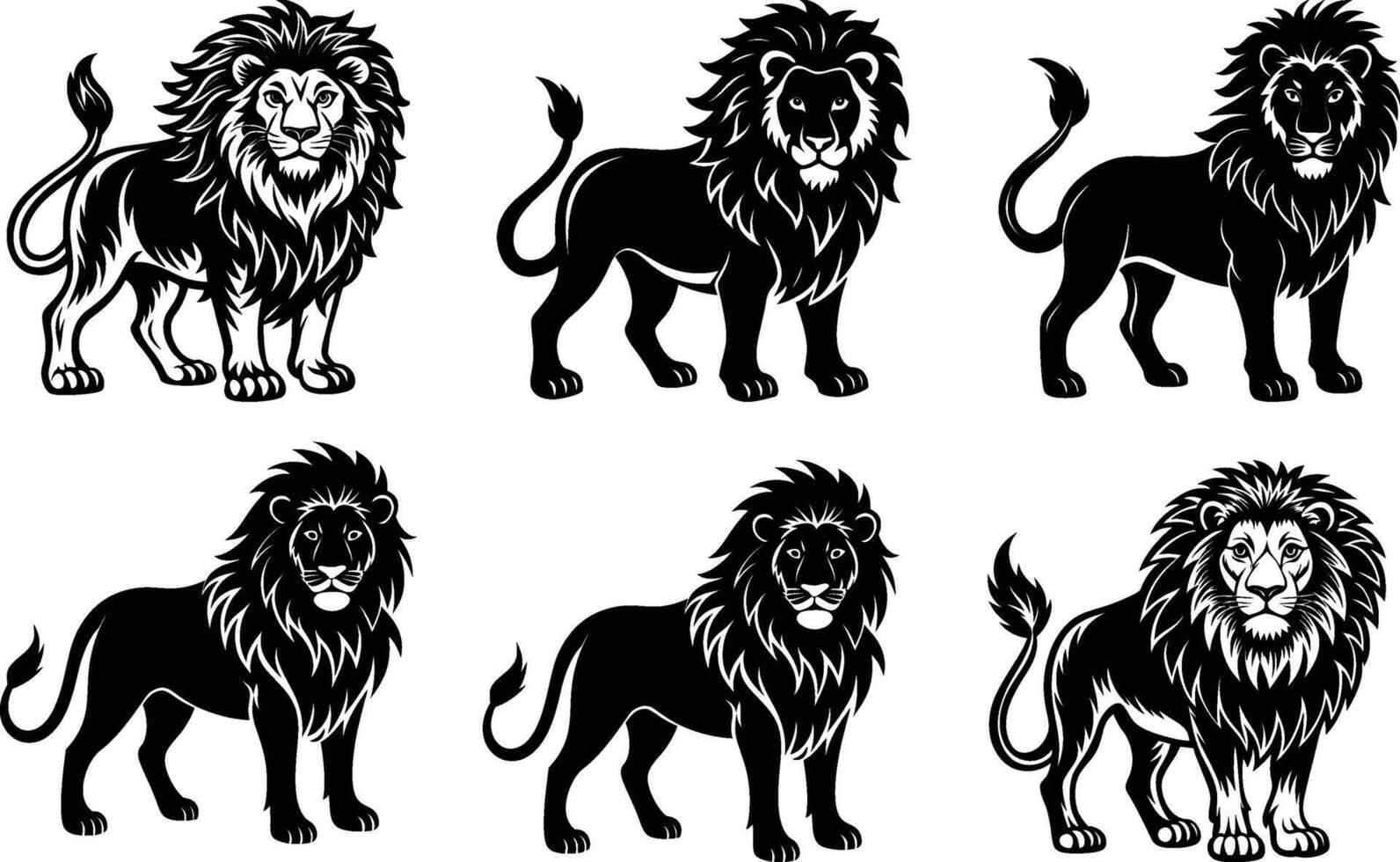 Six Majestic Black and White Lions Wildlife Art vector