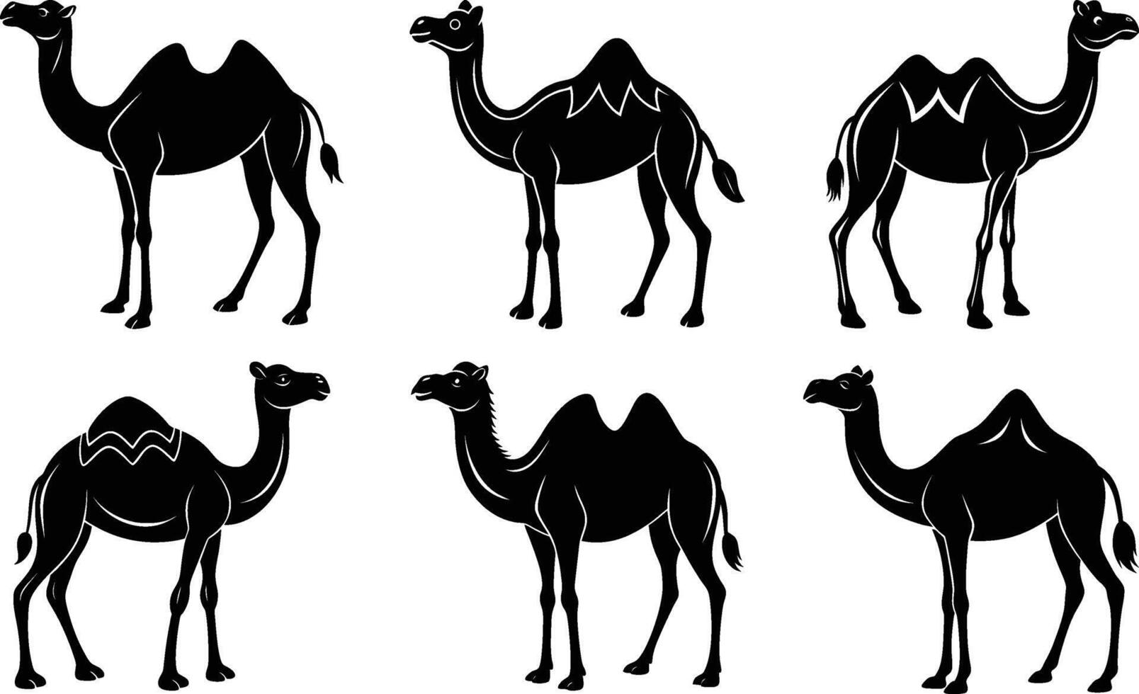 Six Camels Silhouettes Black and White Desert Animals vector