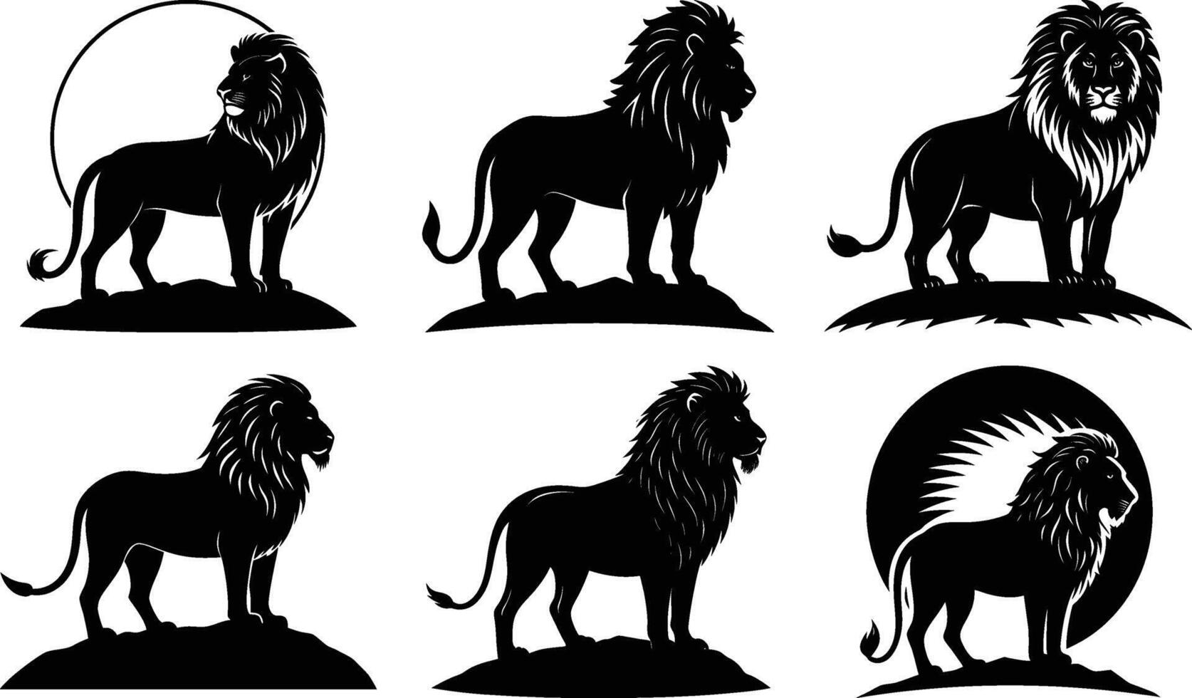 Six Majestic Lion Silhouettes in Black and White vector